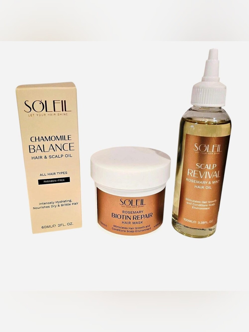 SOLEIL BUNDLE of 3: Chamomile Balance, Rosemary Biotin Repair Mask & Hair Oils
